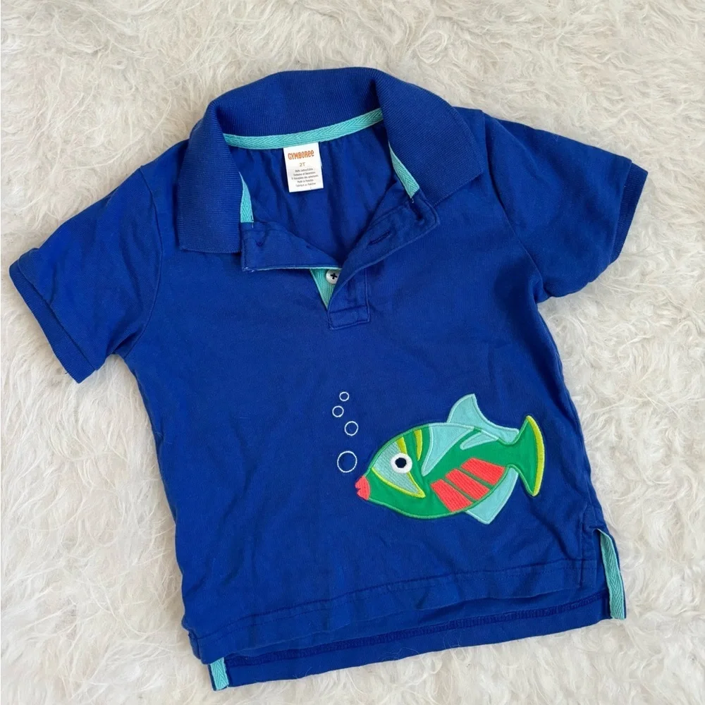 Gymboree Toddler Royal Blue Polo with Colorful Ocean Fish Appliqué